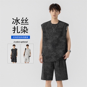 特批P48无差价夏季扎染字母刺绣大码冰丝背心短裤两件套男TZ5146图片