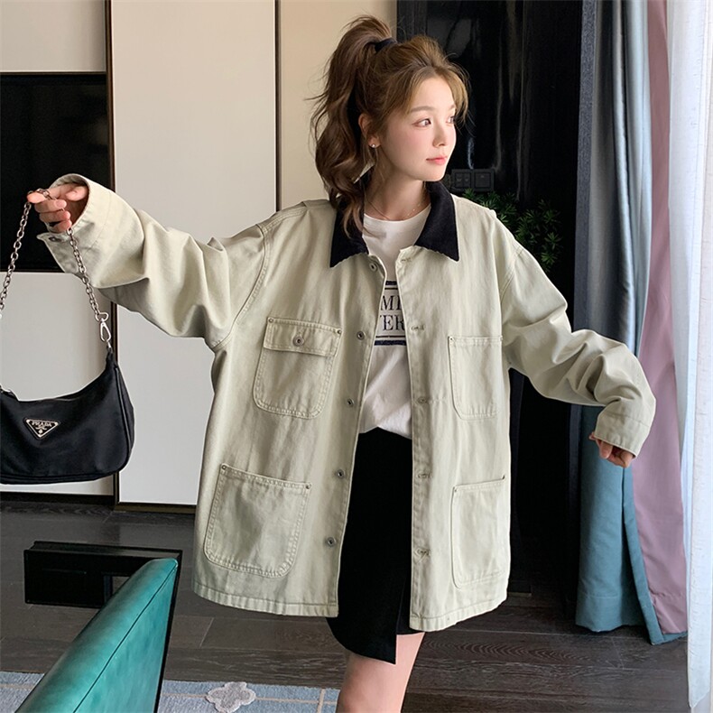 撞色翻领工装牛仔外套女2025春季新款复古设计感宽松休闲夹克上衣,女装短外套,2C260
