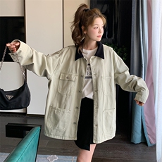 撞色翻领工装牛仔外套女2025春季新款复古设计感宽松休闲夹克上衣，女装短外套，2C260