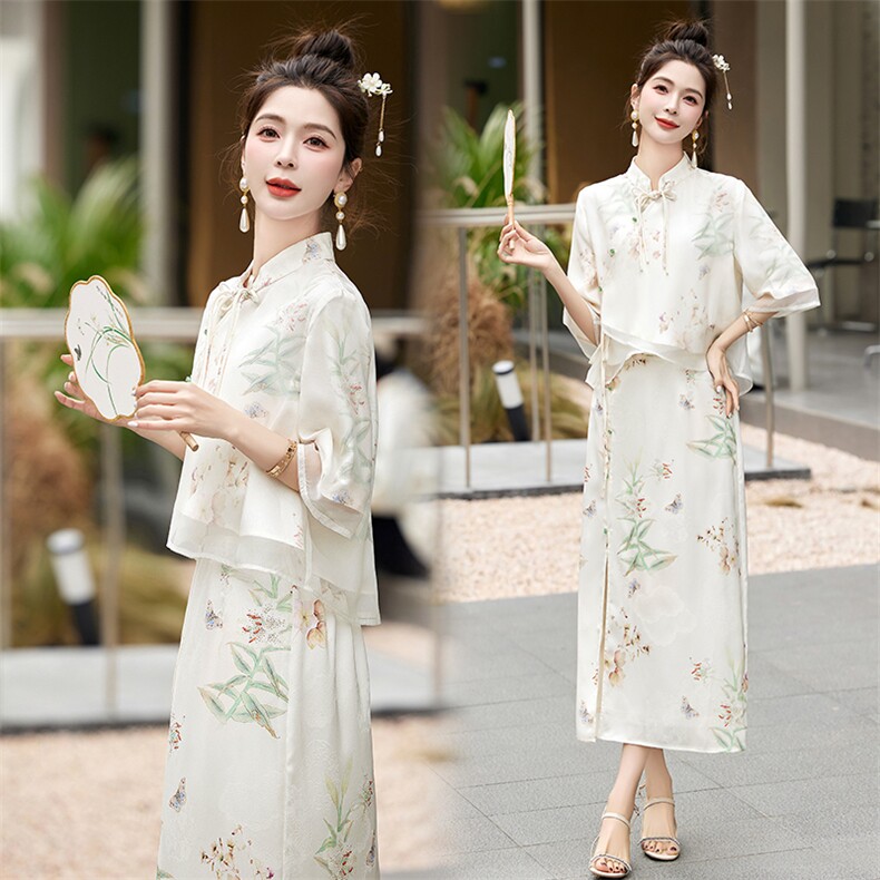 新中式改良旗袍套装女2025夏新款轻奢禅意年轻款汉服碎花两件套裙,女装套装/套裙,众宇琦