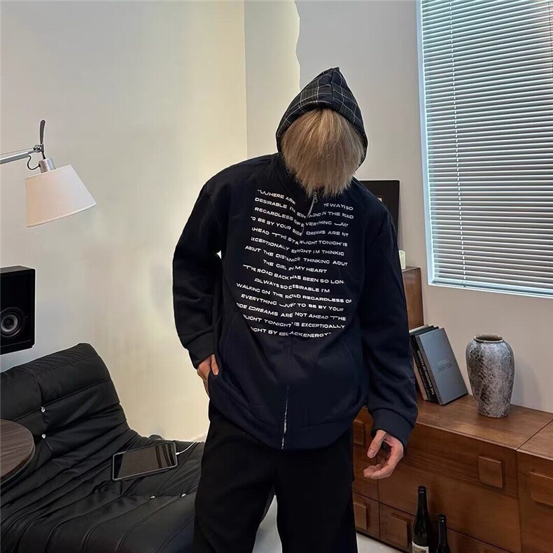 网络图现货美式潮牌连帽拼格子印花卫衣开衫外套R868-P70,男装卫衣,星座1005-4