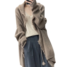 秋冬新款羊绒开衫女V领流苏中长款宽松百搭羊毛针织毛衣外套大衣，女装毛呢外套，昭美羊绒
