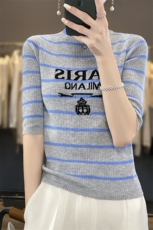 春秋新款圆领字母灰蓝精纺羊毛针织短袖五分袖内搭短款韩版修身，女装T恤，雪真羊绒
