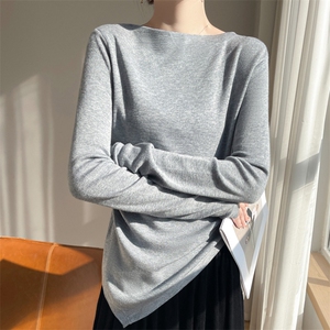 春秋一字领精纺羊毛衫女褶皱不规则针织毛衣纯色宽松显瘦打底上衣,女装羊毛衫,总能电商供货
