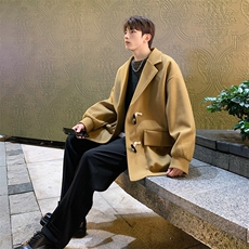 23冬季港风新款加绒加厚短款牛角扣毛呢大衣外套504-F13-P90控138，男装毛呢大衣，星座504