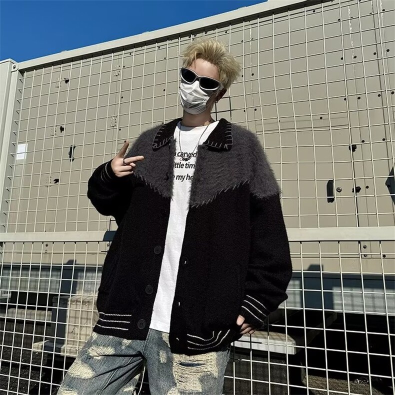 撞色拼接针织开衫男高级感宽松休闲慵懒风翻领毛衣外套潮3311 P60图片