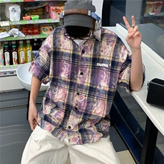 2026夏美式扎染刺绣格子短袖衬衫衬衣五分袖CS1805/特P35紫色，男装衬衫，电商A094