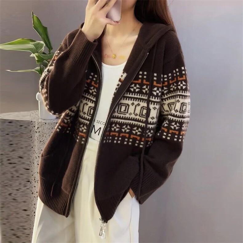 2025年秋季时尚百搭费尔岛提花拉链帽衫，女装羊毛衫，新胜羊绒