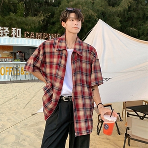 格子衬衫X2466-TP35控价58 港风美式格子情侣短袖衬衫外套潮图片
