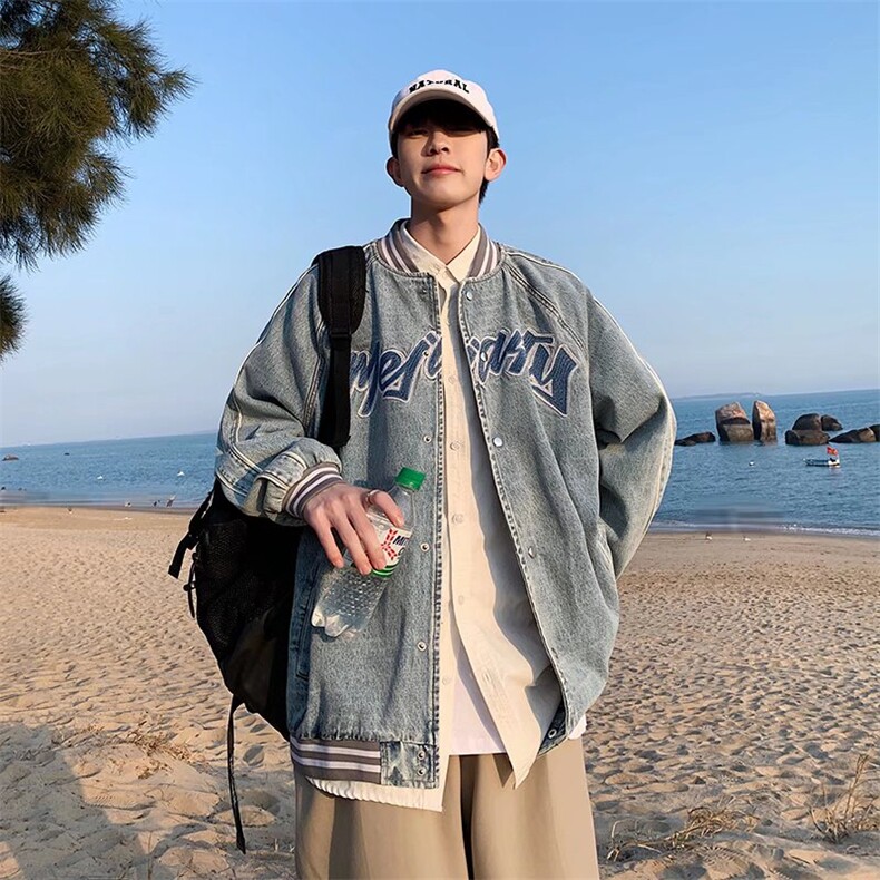 男春季长袖棒球领单排扣宽松潮流牛仔夹克潮百搭J2176P78，男装夹克，星座1116-2