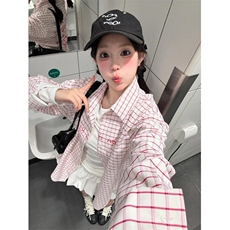 韩系少女风粉色格子衬衫外套女夏季字母印花polo领防晒衫C4122，男装Polo衫，星座1116A（原606A-3）