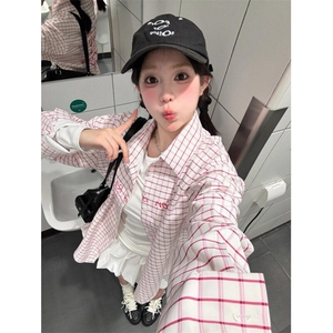韩系少女风粉色格子衬衫外套女夏季字母印花polo领防晒衫C4122,粉色图片搭配图片