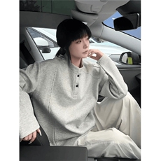 抖音得物品质美式高街重磅曼巴棉拼接cleanfit亨利领卫衣长袖T恤，男装T恤，电商A486-1