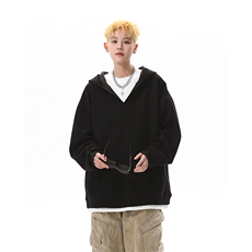 8XL-M叠穿假两件卫衣重磅连帽V领拼接套头衫宽松大码外套WY006P65，男装卫衣，电商B312