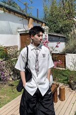 2025新款趣味手绘领带印花短袖衬衫男款夏季冰丝凉感宽松休闲，男装T恤，星座218-1（原230）