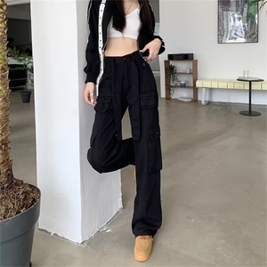 高腰直筒工装裤黑色显瘦甜酷风宽松阔腿休闲裤女图片
