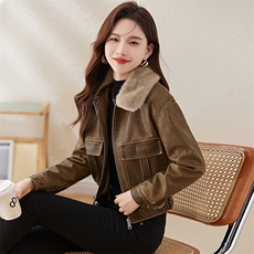 复古加绒皮衣外套女小个子短款2023冬装新款配毛领修身机车服夹克，女装棉衣/棉服，江南女神