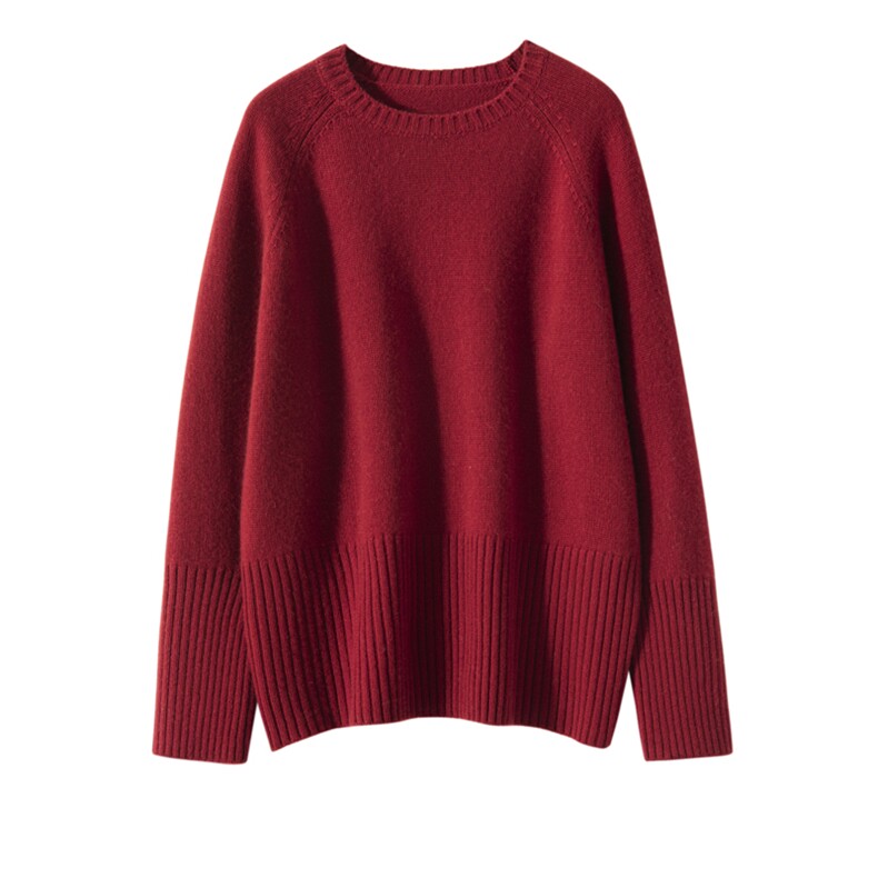 秋冬新款女士宽松休闲百搭长螺纹圆领35%羊绒衫，女装羊绒衫，艾森羊绒