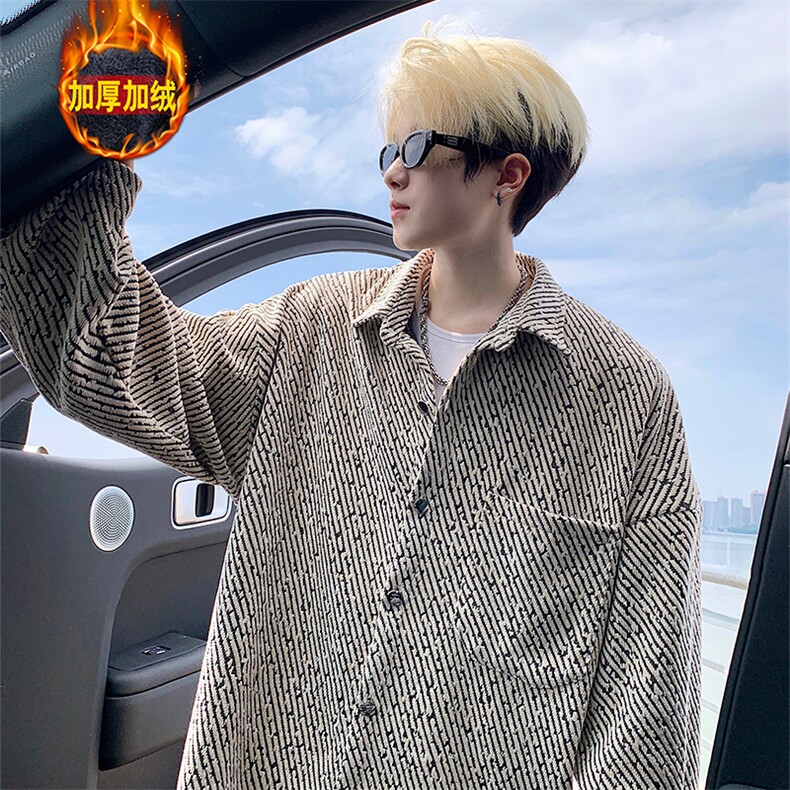 加绒衬衫男冬季新款港风宽松大码加厚小香风长袖衬衣JR70-P49，男装衬衫，星座214-3