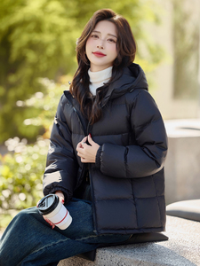 黑色百搭加厚连帽羽绒服女时尚修身显瘦5层分格冬天保暖外套图片