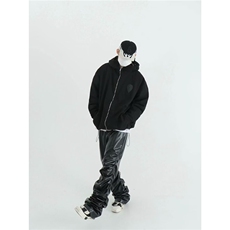 新款简约ins无品牌潮流欧美高街PU皮黑色堆积感休闲裤男流行百搭，男装皮裤，星座1210-1