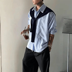 抖音得物品质二开春装美式潮牌披肩条纹长袖衬衫男女休闲宽松衬衣，男装衬衫，电商A486