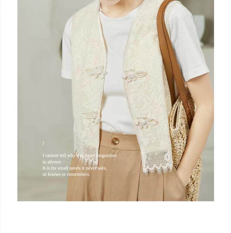 现货夏新款复古盘扣蕾丝马甲，女装马甲，觅处