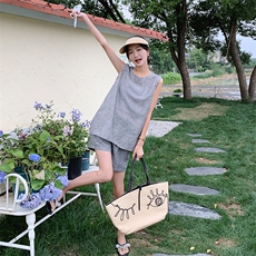 2024夏款新款天丝麻提花单排扣背心短裤气质两件套套装，女装套装/套裙，瑶迪