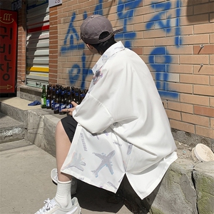 港风宽松男士满意飞机冰丝衬衫宽松短袖衬衫 A071-C30-P38图片