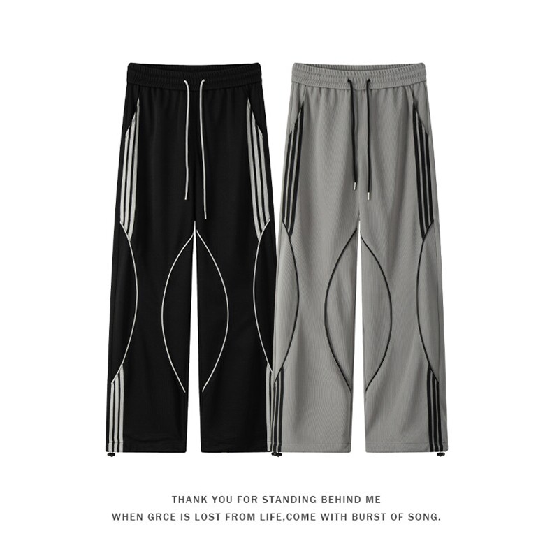 织带条纹撞色运动卫裤男春秋季美式潮牌宽松垂感拖地阔腿休闲裤子，男装休闲裤，电商A001