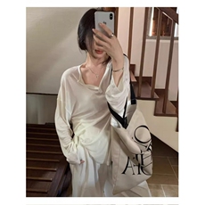 韩系慵懒风白色v领冰丝面膜T恤女秋季薄款微透防晒罩衫空调衫外套，男装防晒衣，星座506A
