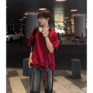 高级感宽松短袖男女款夏季圆领绑带重磅垫肩T恤工装机能半袖上衣图片