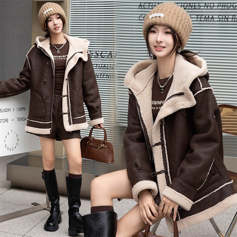 高品质连帽仿羊羔毛外套女冬2024时尚休闲加绒加厚皮毛一体中长款，女装羊羔毛/颗粒绒，江南女神