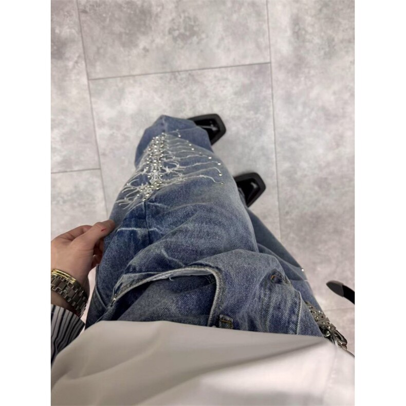 美式高街复古牛仔裤vibe风裤子男金属柳钉做旧宽松潮LN70555-P65,男装牛仔裤,星座1008