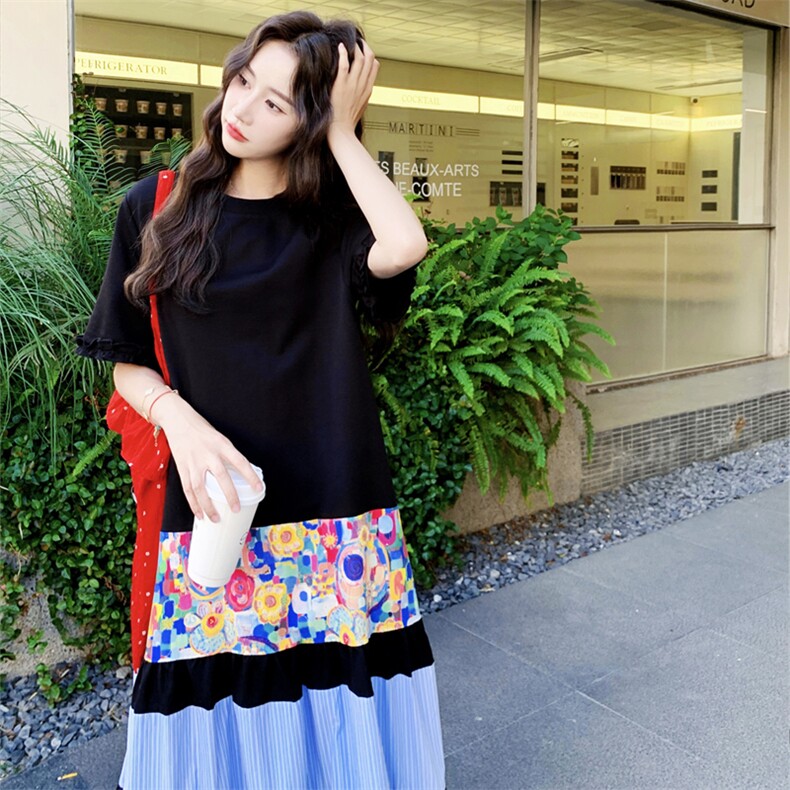 【新款】黑色花边袖拼接T恤连衣裙2C158-8688-P125-K178,女装连衣裙,2C158