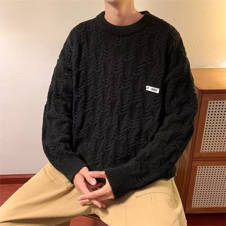 美式复古慵懒风圆领毛衣男秋冬日系简约麻花百搭针织衫9191-p45图片