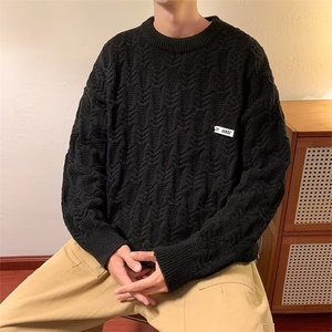 美式复古慵懒风圆领毛衣男秋冬日系简约麻花百搭针织衫9191-p45图片