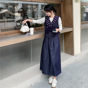 韩系chic一整套牛仔穿搭女2025秋新款小个子披肩马甲半身裙两件套图片