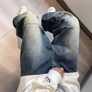 美式水洗做旧牛仔裤男士2024秋季新款潮流渐变设计感高级直筒长裤图片