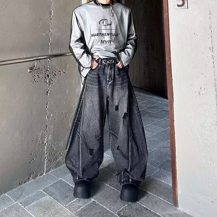小众设计洗水割破解构弯刀老爹牛仔裤美式复古阔腿拖地裤男工装裤,男装牛仔裤,星座302B-2