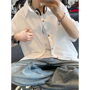 日系复古学院风短袖衬衫男夏季薄款宽松潮流oversize廓形半袖衬衣图片