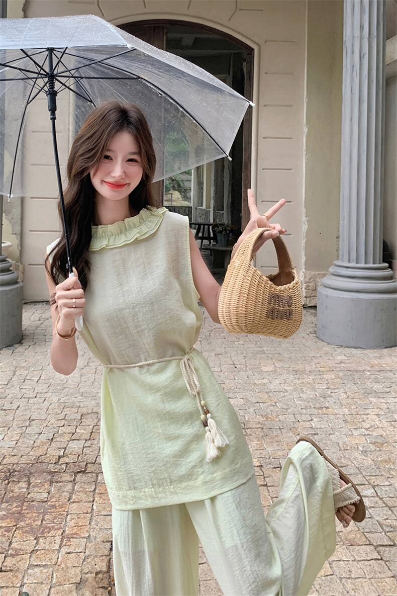 气质V领木耳边系带上衣阔腿裤套装女2025夏季新设计感无袖两件套,女装套装/套裙,1D066-1