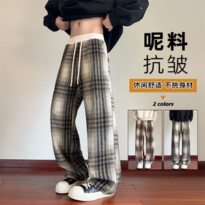 秋季新款美式复古腰部撞色大码毛呢直筒格子裤男K24115-特P35控68图片