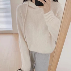 秋冬新款连帽针织加厚套头毛衣女帽衫短款打底羊毛衫，女装羊毛衫，思途羊绒