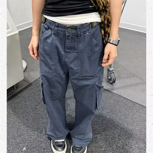 美式复古水洗多口袋工装牛仔裤女春秋款高街设计感高腰窄版直筒裤