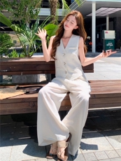 时尚洋所马甲套装女夏季新款职场风V领西装马夹外套阔腿裤两件套，女装套装/套裙，水衣源