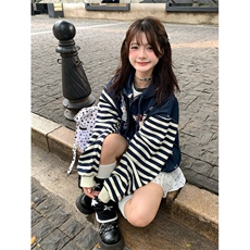 小众复古条纹连帽开衫卫衣宽松外套秋季新款上衣WB583-P57，女装短外套，星座412-3