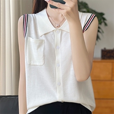 25款春夏季polo领无袖系扣开衫女精纺羊毛拼色小翻领百搭上衣T恤，女装针织衫/毛衣，朝贺羊绒