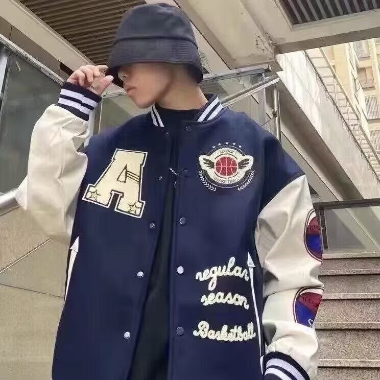 潮牌毛巾绣美式字母棒球服男女街头夹棉加厚夹克图片