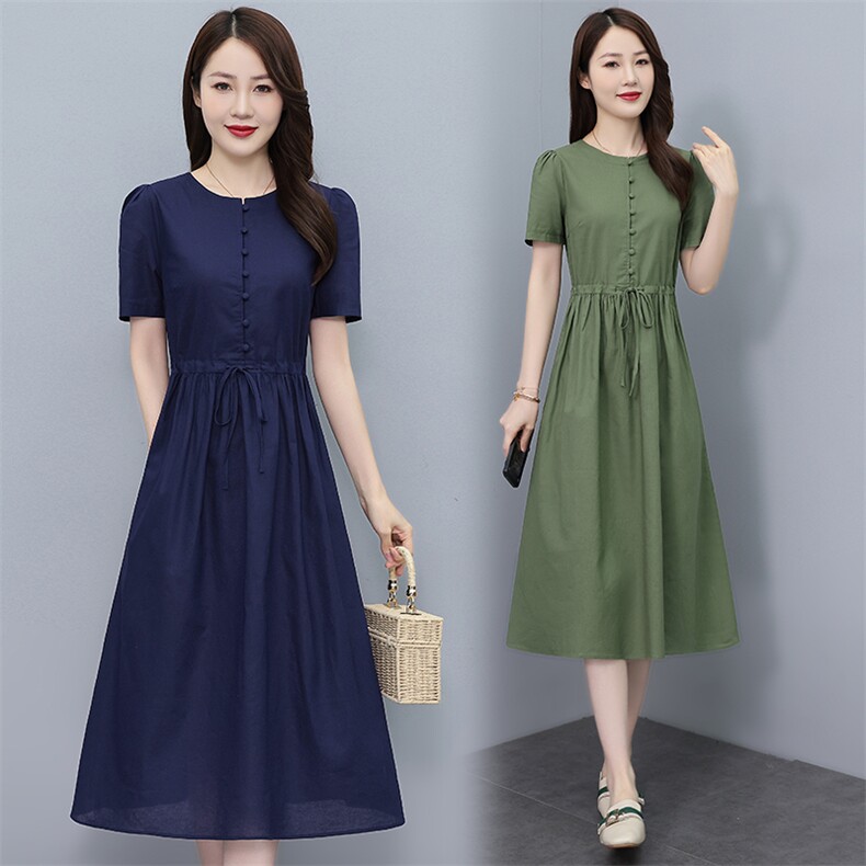 棉麻连衣裙女2024夏季新款气质收腰显瘦中长款亚麻裙子大码a字裙,女装连衣裙,鑫思依格